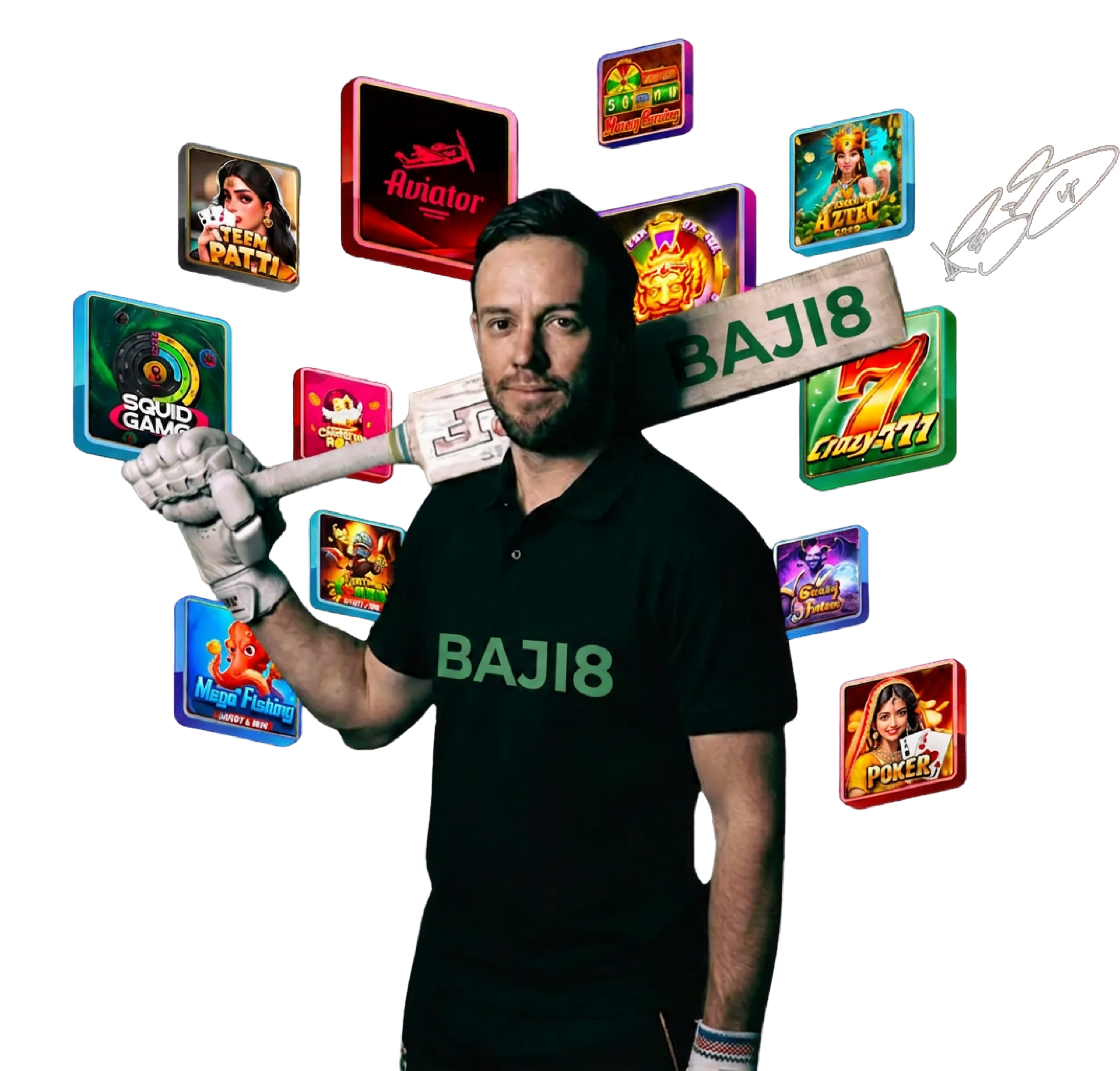 Baji8 brand ambassador surrounded by featured games and signature